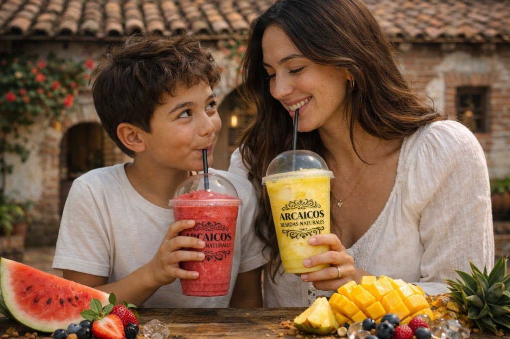 Madre e hijo disfrutando bebidas Arcaicos